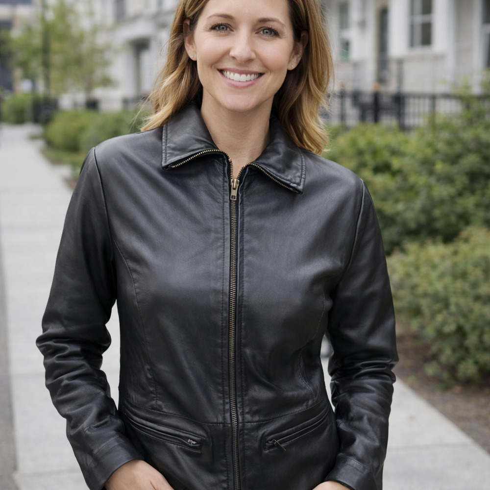 Harve Benard Leather Jacket Womens M Black Full Zip Classic Collared Lined